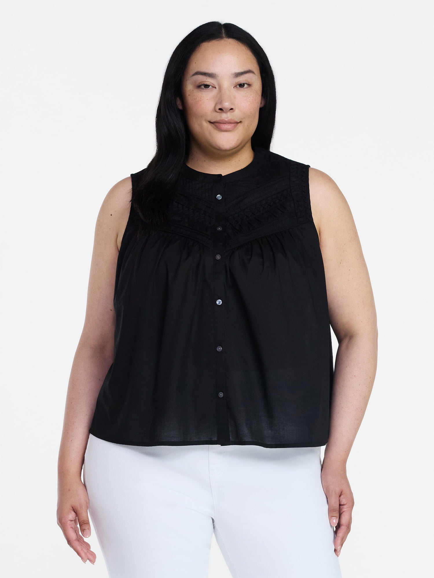 Time and Tru Women's Cotton Sleeveless Pleated Top, Sizes XS-XXXL