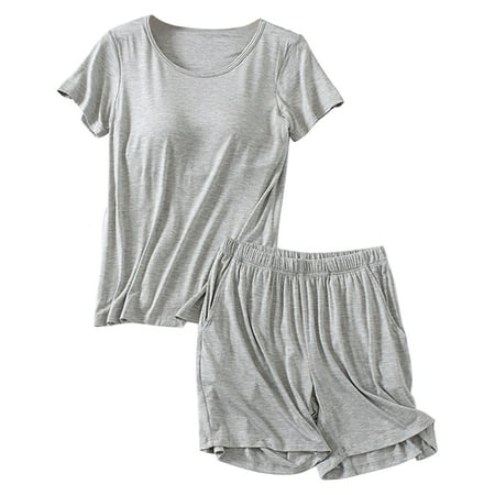 

Women s Modal Short-Sleeve Pajamas Set with Non-removable Pad Teen Short Sleeve Tee Top with Built in Bras+Shorts Soft 2 Piece Casual Sleepwear Pjs Loose Loungwear Sets M-3XL