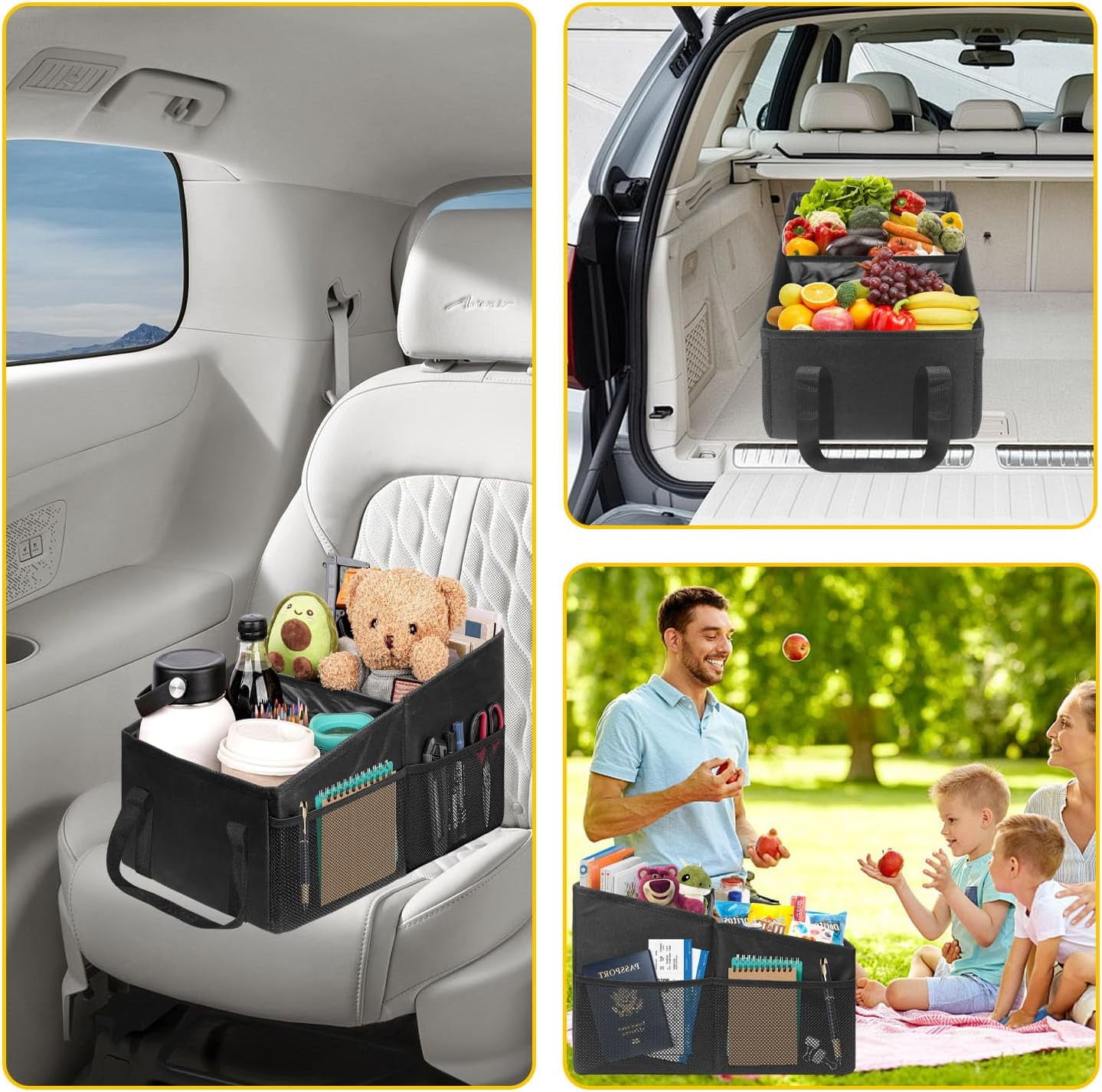 Car Organizer - Automotive Organizer for Front And Back Seat or Floor, Car Caddy Organizer with Divide, Handles and Multiple Mesh Pockets