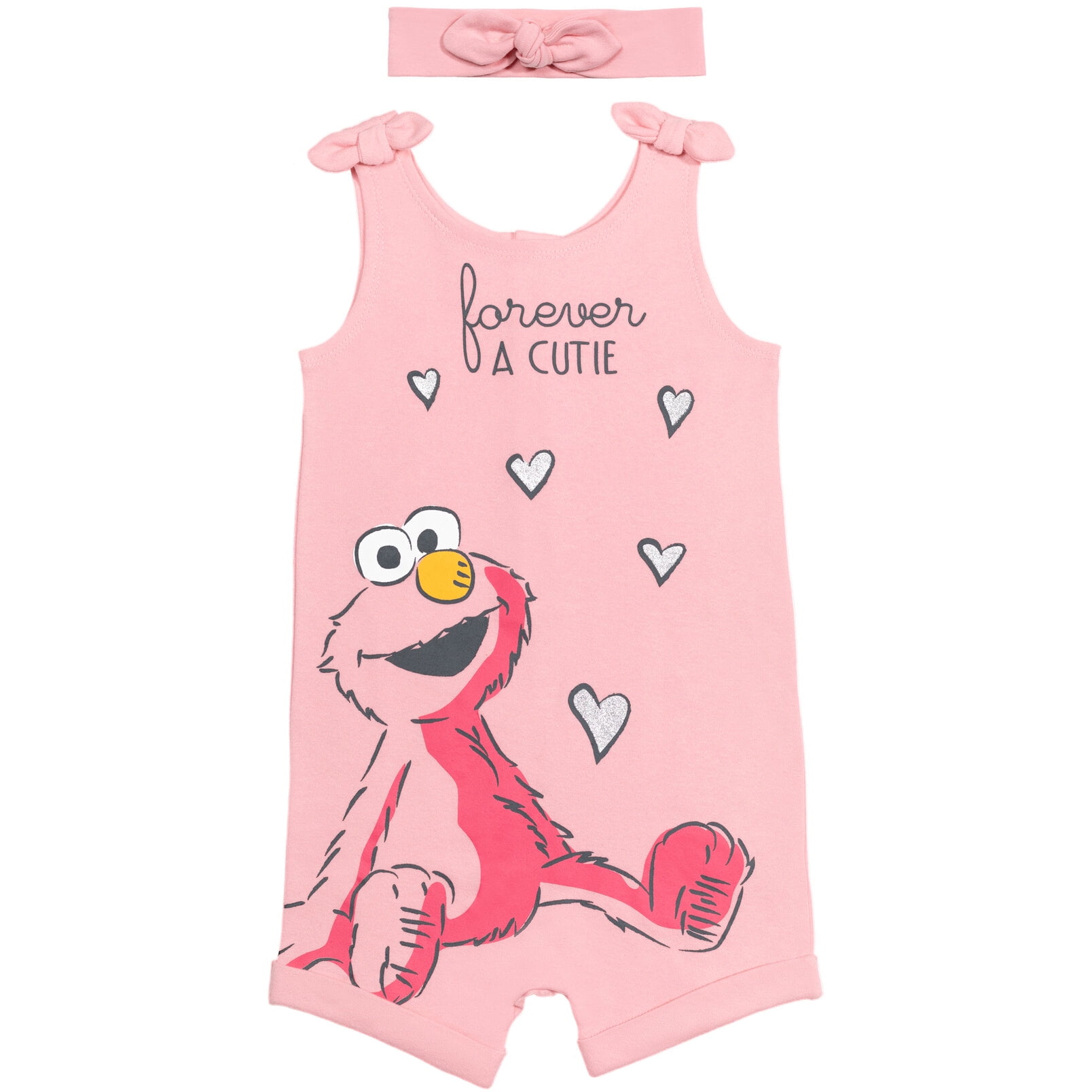 Sesame Street Baby Girls' Sleeveless Romper and Headband Set Elmo Pink