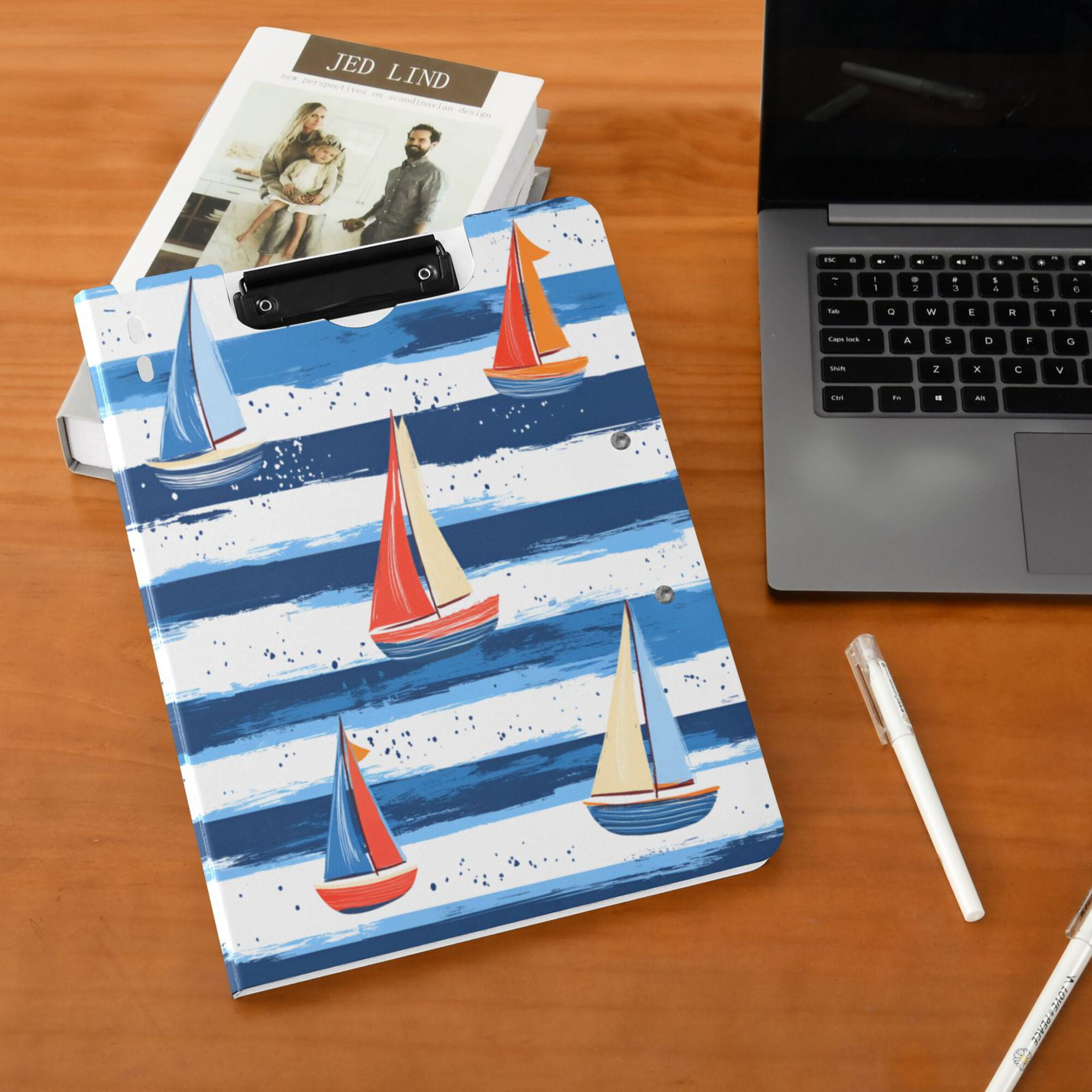 FORMRS A4 Clipboard Folder with Pen Holder Horizontal Foldable School Office Binder, Blue Sailboats