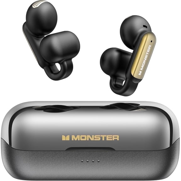 Monster Open Ear Wireless Earbuds, Comfortable Clip-on Earbuds with Noise Cancellation, Touch Control & IPX5 Waterproof Headphones for Sport, Black