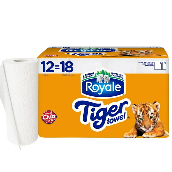 Royale Tiger Towel Paper Towel, 12 Equal 18 Handy Half Sheet Rolls, 2-Ply, 74 Half Sheets