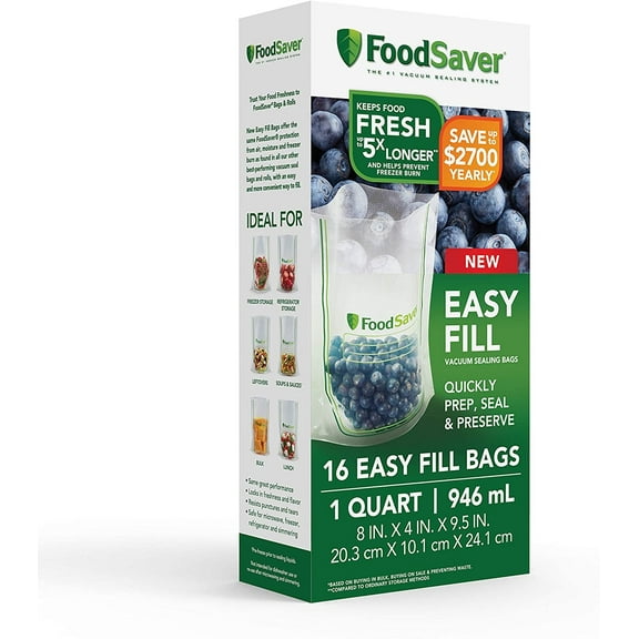 FoodSaver Easy Fill 1-Quart Vacuum Sealer Bags  Commercial Grade and Reusable  16 Count, Clear