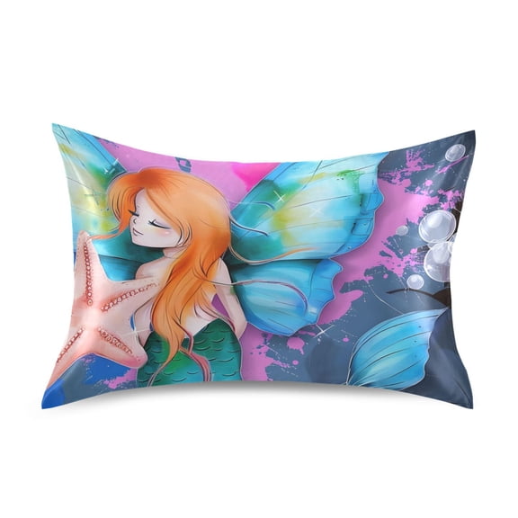 Satin Pillow Case Little Beautiful Mermaid Standard Silk Pillow Cover for Hair and Skin Envelope Closure 20"x26"