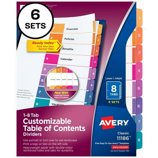 Avery Ready Index 8 Tab Binder Dividers, Customizable Table of Contents, Multicolor Tabs, 6 Sets (11186)