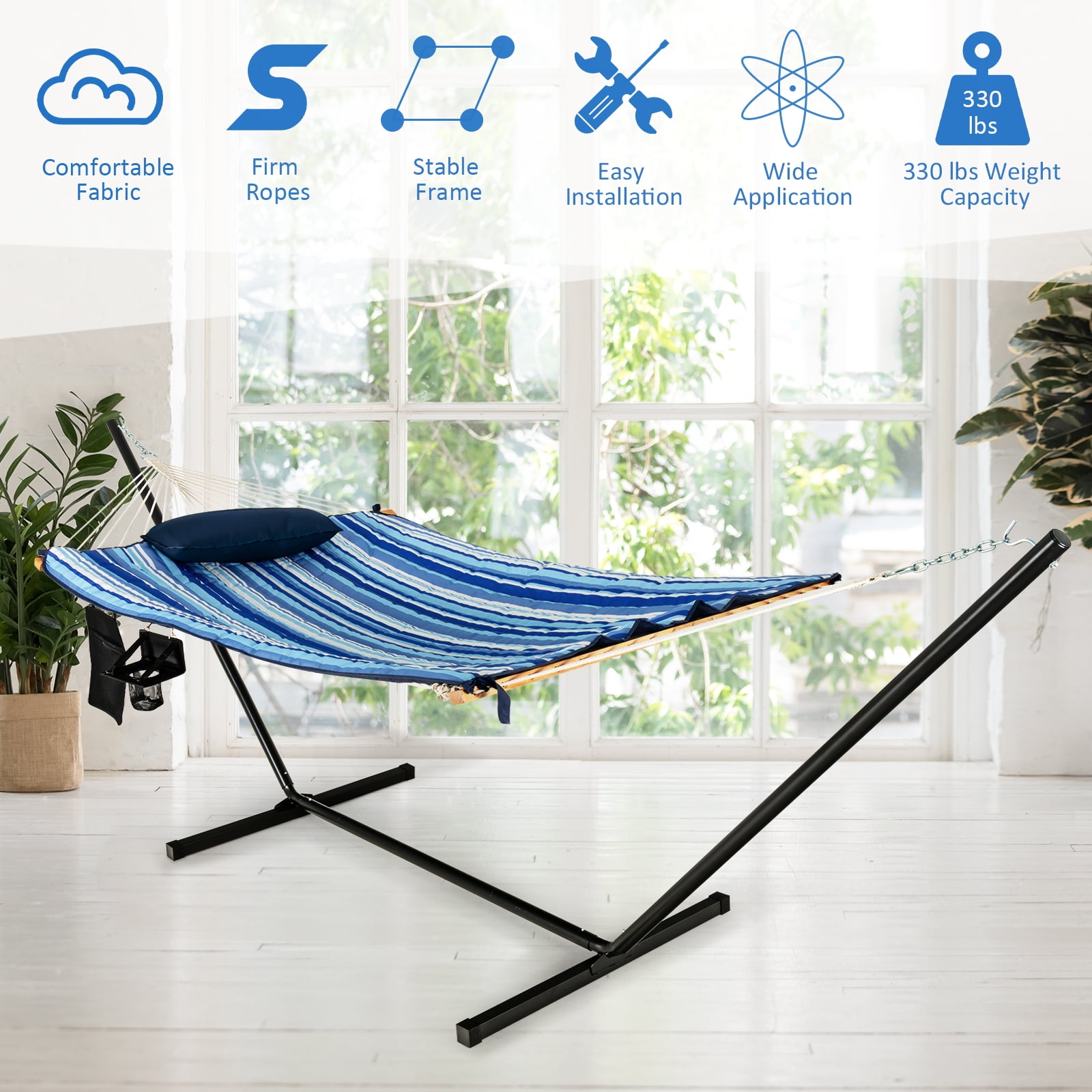 Patiojoy 12Ft Hammock with Heavy-Duty Steel Stand, Woven Hammock Chair Set, Portable Hammock with Beech Wood Bar & Cotton Mat