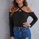 thumbnail image 4 of Suéter de manga larga con cuello Halter cruzado y hombros descubiertos para mujer, suéter de punto ajustado de manga larga para otoño e invierno Pompotops  gfhjh4116, 4 of 9