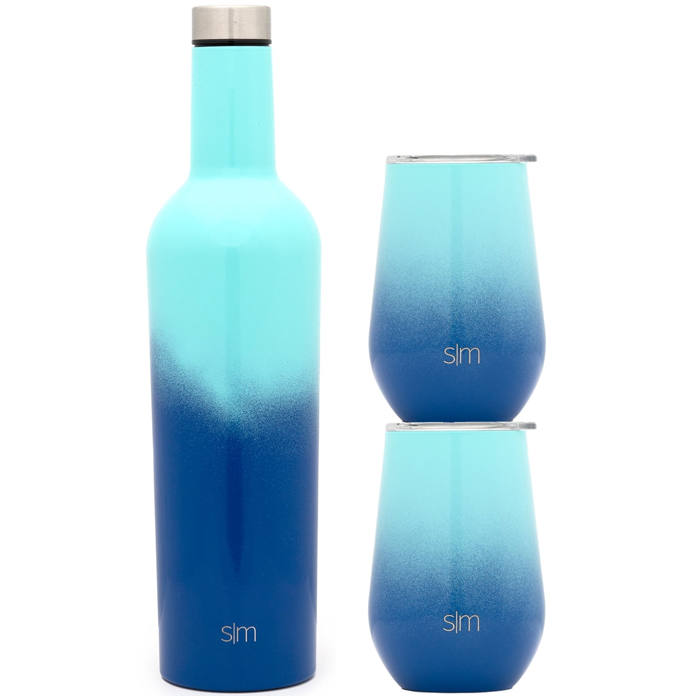 Stainless Steel Vacuum Insulated and Double Walled 25 ounce Wine Bottle and 2 12 ounce Wine Tumbler Cups Metallic Blue Set 