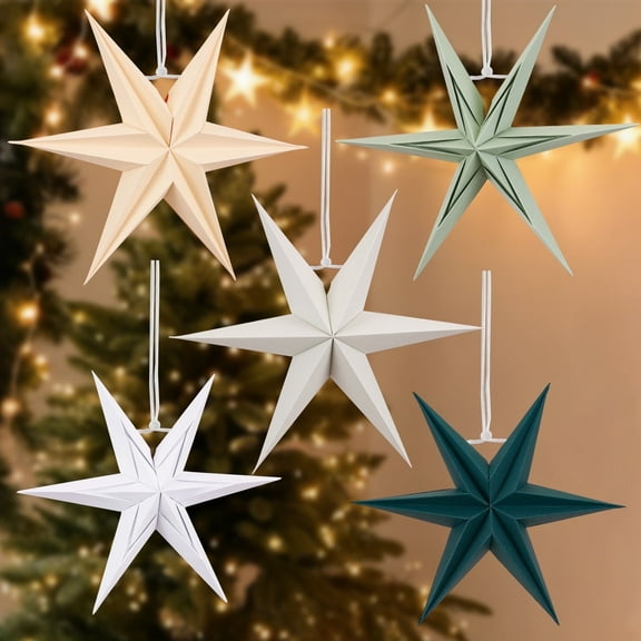 Easy Joy 5Pcs Christmas Party Decorations Hanging 6-Pointed Green Brown Paper Star Decoration Set Xmas Holiday Decor for Birthday Christmas Home Party Decorations