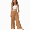 thumbnail image 1 of WUANDIXFA Sweatpants for Girls 5-15 Years Girls Linen Pants Drawstring Wide Leg Pants Summer Flowy Palazzo Beach Trousers with Pockets,Coffee,5-6 Years, 1 of 5