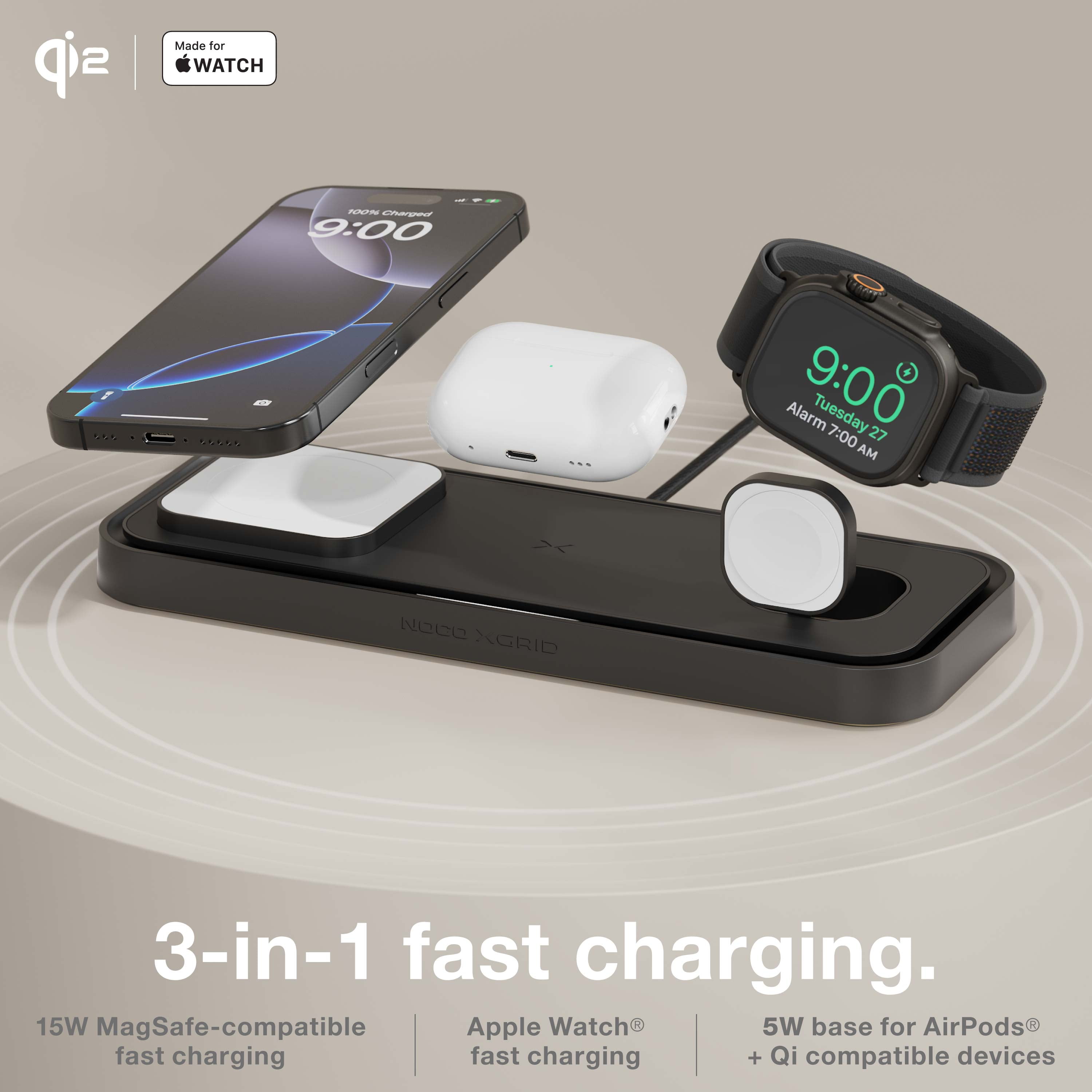 NOCO XGrid XDP3: 3-in-1 Wireless Charging Pad – Charging Station for iPhone, Apple Watch, and AirPods – MagSafe Compatible, Qi2 Certified – Includes 45W USB-C Wall Charger and 6.5-Foot USB-C Cable