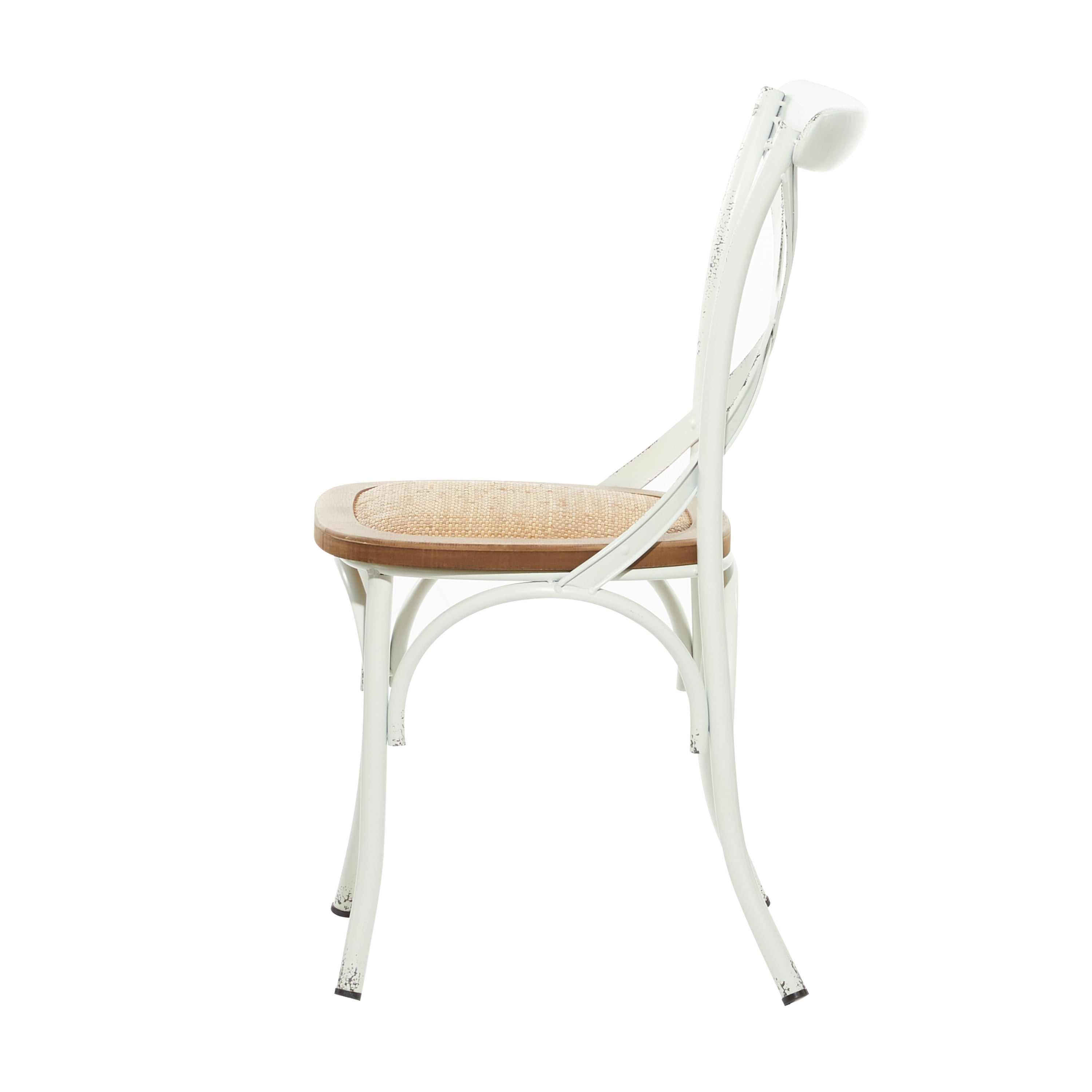 DecMode Metal Dining Chair with Brown Rattan Seat, Set of 2, White