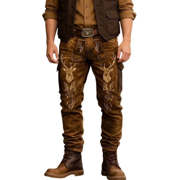 XIAONU Men's Deer Embroidered Cargo Pants Slim Fit Tapered Leg Belted Waist Durable Vintage Western Bottoms