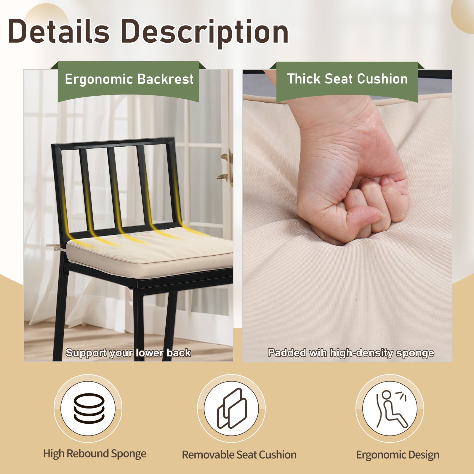 Ktaxon 2Pcs Outdoor Bar Stools, Weather Resistant Outdoor Bar Seating with Detachable Cushion, Heavy-Duty Metal Frame Bar Set of 2 for Garden Porch Pool