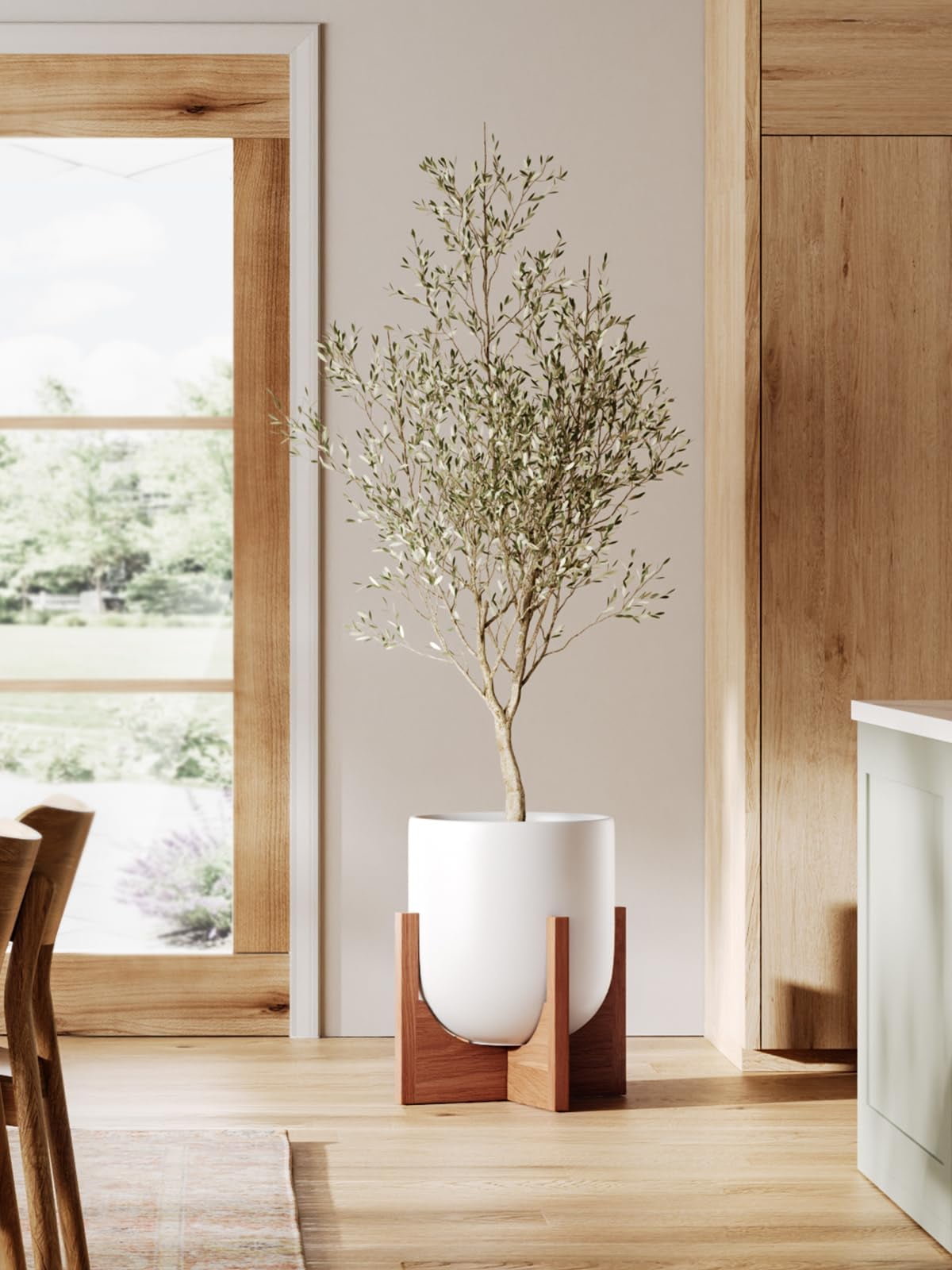 BEMAY 10inch  White Ceramic Plant Pot with Wood Stand, Indoor Planter with Drainage Hole and Plug, Modern Flower Pot for Houseplants, Living Room Decor