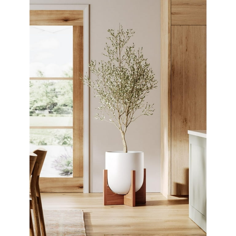 BEMAY 10" White Ceramic Plant Pot with Wood Stand photo 6