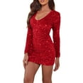 thumbnail image 2 of YMNXA Women's Dress Long Sleeve V Neck Solid Color Sequins Slim Fit Elegant Dresses For Party Red S, 2 of 3
