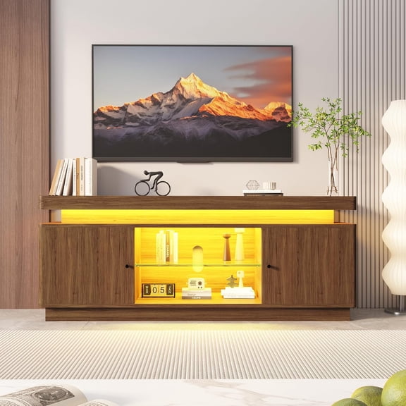63 Inch Mid Century Modern TV Stand for TVs Up to 65 Inches, Entertainment Center with LED Lights, Power Outlets, Adjustable Shelf, Media Console for Living Room