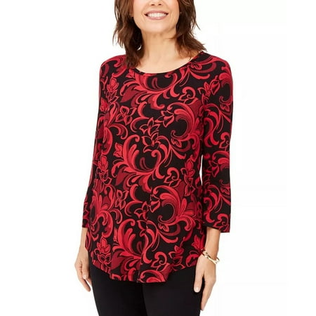 JM Women's Collection Printed 3/4-Sleeve T-Shirt Red Size Small