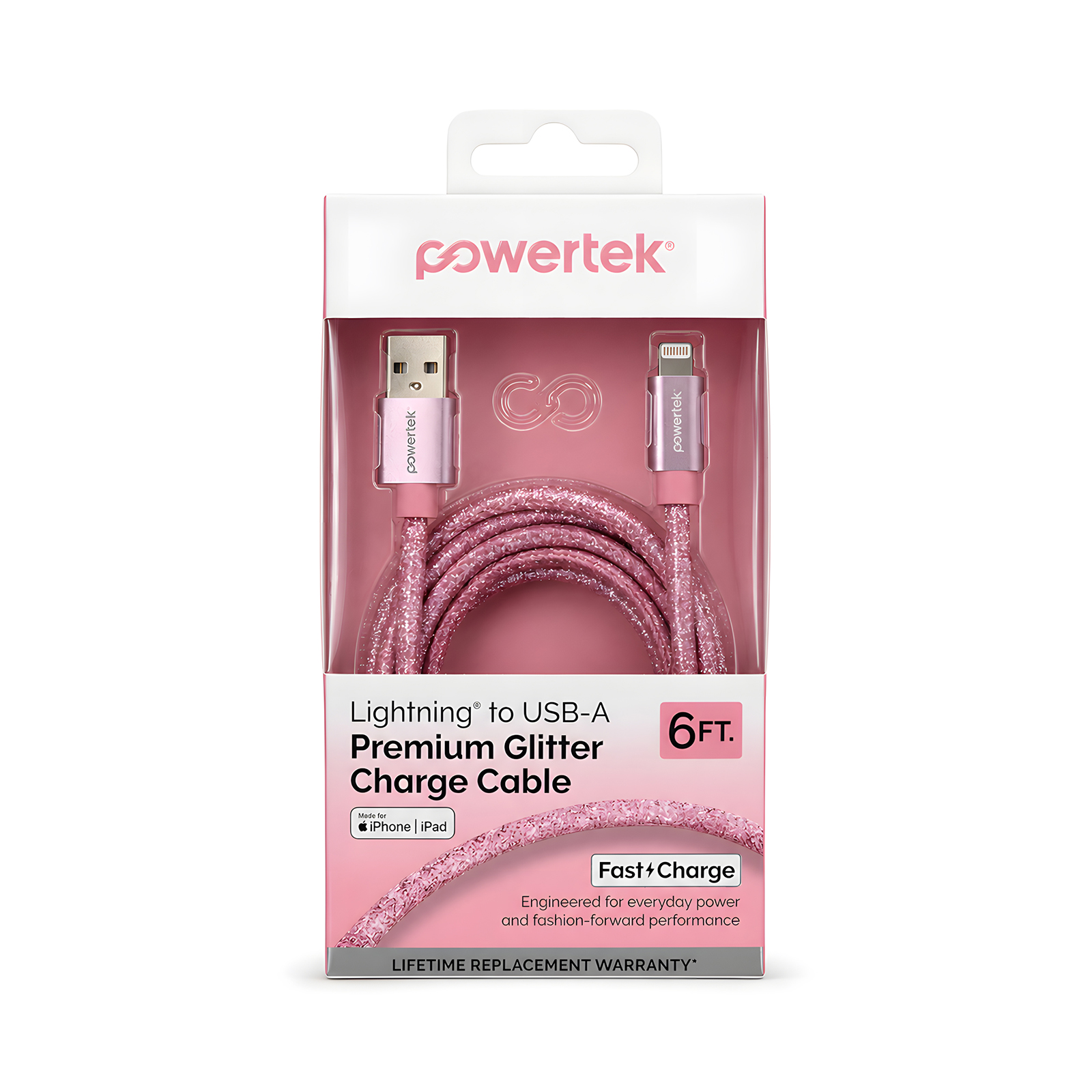 Powertek USB-A to Lightning Cable, 6ft, Pink Glitter photo 5