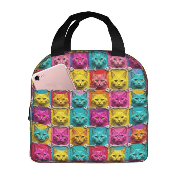 Cute Cat Lunch Bag With Cats Reusable Lunch Box Front Pocket Zipper Closure Leakproof Insulated Cooler Tote Bag Food Container Cartoon LunchBox For Men Women Work Travel Picnic