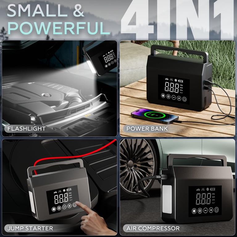 Hieha 4000A Peak 12V Car Battery Jump Starter with 150 PSI Air Compressor  and Tire Inflator, 15000mAh Portable Jump Box - Walmart.com