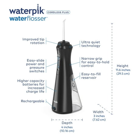 Waterpik Cordless Plus Water Flosser with 2 Settings, 4 Tips, ADA Accepted, Black