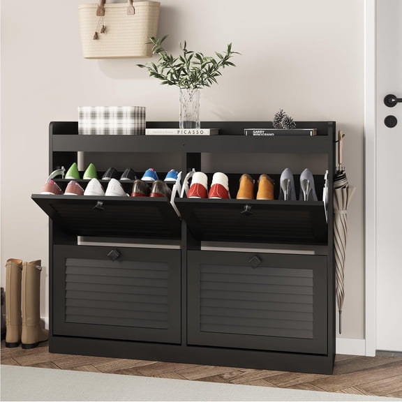 Large Shoe Storage Cabinet with 4 Flip Drawers – Narrow Freestanding Shoe Rack with Wooden Legs, Hidden Shoe Organizer for Entryway, Hallway, Bedroom, Living Room, Black