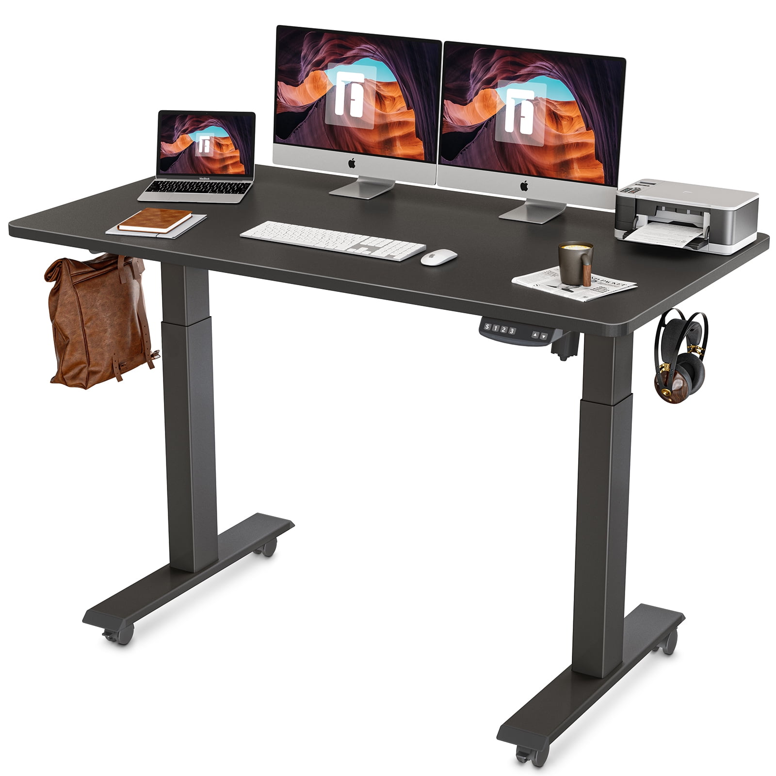 Rustic Brown and Black Top POXURIO Electric Height Adjustable Standing Desk Height Memorable Sit Stand Up Lift Computer Desk with Drawer and Hook 55 x 24 Inch Workstation Table with Splice Board 