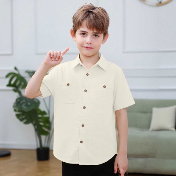 Krdevn Boys Solid Color Linen Short Sleeve Button Down Shirt Casual Dress Shirt with Pockets (5-14 Years)