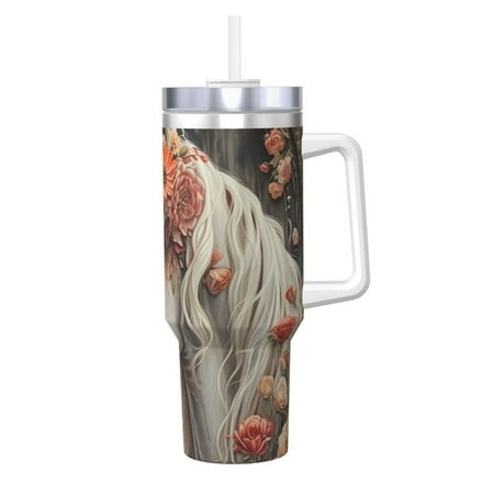 

Matuu Vintage Floral White Horse for 40OZ Ice Cup with Handle Durable Thermal Cups Keep Drinks Cold and Hot Insulated Car Mug with Lid