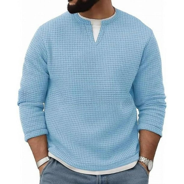 pstuiky Sudadera con capucha y cuello abierto para hombre, manga larga, dos piezas falsas, parte superior en contraste, jersey holgado, camiseta de manga larga y cuello redondo para hombre.