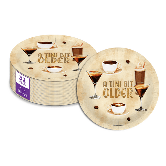 Tiny Bit Older Coffee Martini Birthday - 32 Piece Disposable Party Supplies - Decorations for 21st Birthday Round Party Plates - Large 9" Paper Plates In Bulk