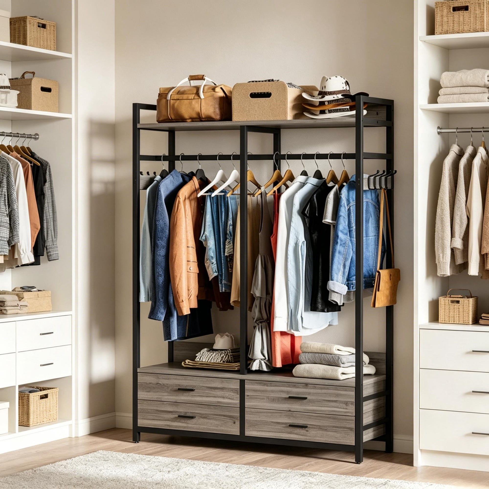 Coat Rack with Shelves, 4 Drawers, and 8 Hooks, 72.83 in