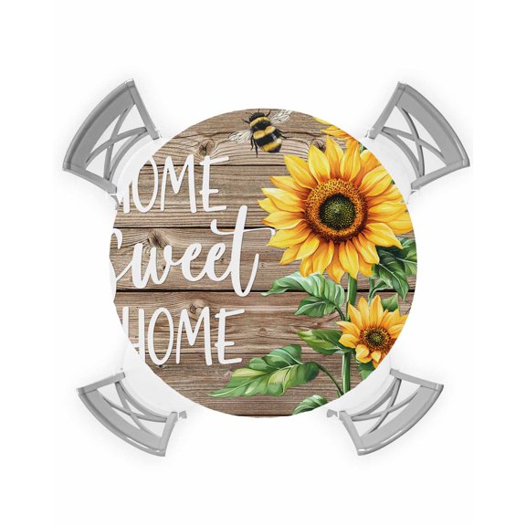 nqOlkjepod Sunflower Brown Round Tablecloth, Fitted Table Cover with Elastic for 45"-54" Round Tables, Farmhouse Bee Country Wooden Grain Table Cloth Outdoor Dinning Party Waterproof Tablecloths