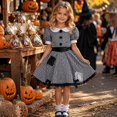 thumbnail image 2 of ZHOGXU Halloween Kids Girls Dresses Plaid Puff Short Sleeve Peter Pan Collar Dress Fancy Cute Grown For Theme Party,Black,12-14 years, 2 of 9