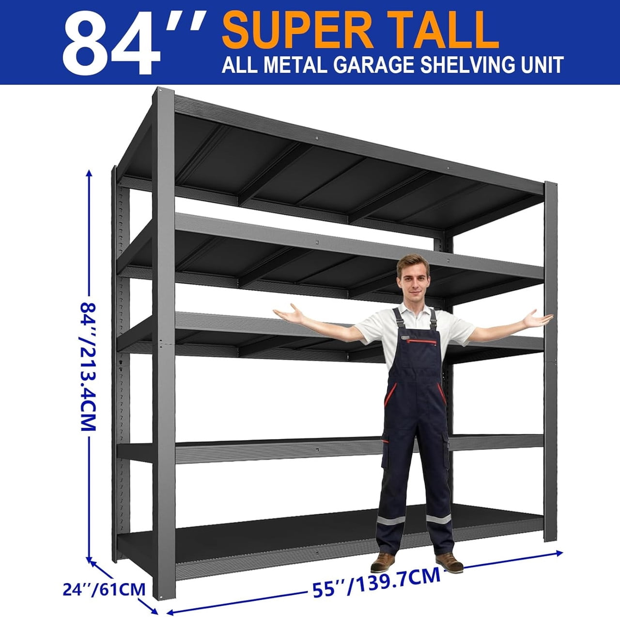 84''H Garage Shelving Unit, Black Storage Shelf, 5 Tiers Storage Racks, Free Standing Heavy Duty Metal Board Adjustable Shelves