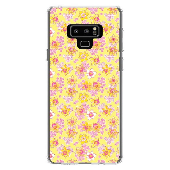 DistinctInk Clear Shockproof Hybrid Case for Samsung Galaxy Note 9 - TPU Bumper, Acrylic Back, Tempered Glass Screen Protector - Preppy Pattern - Pink Yellow White Flowers Floral