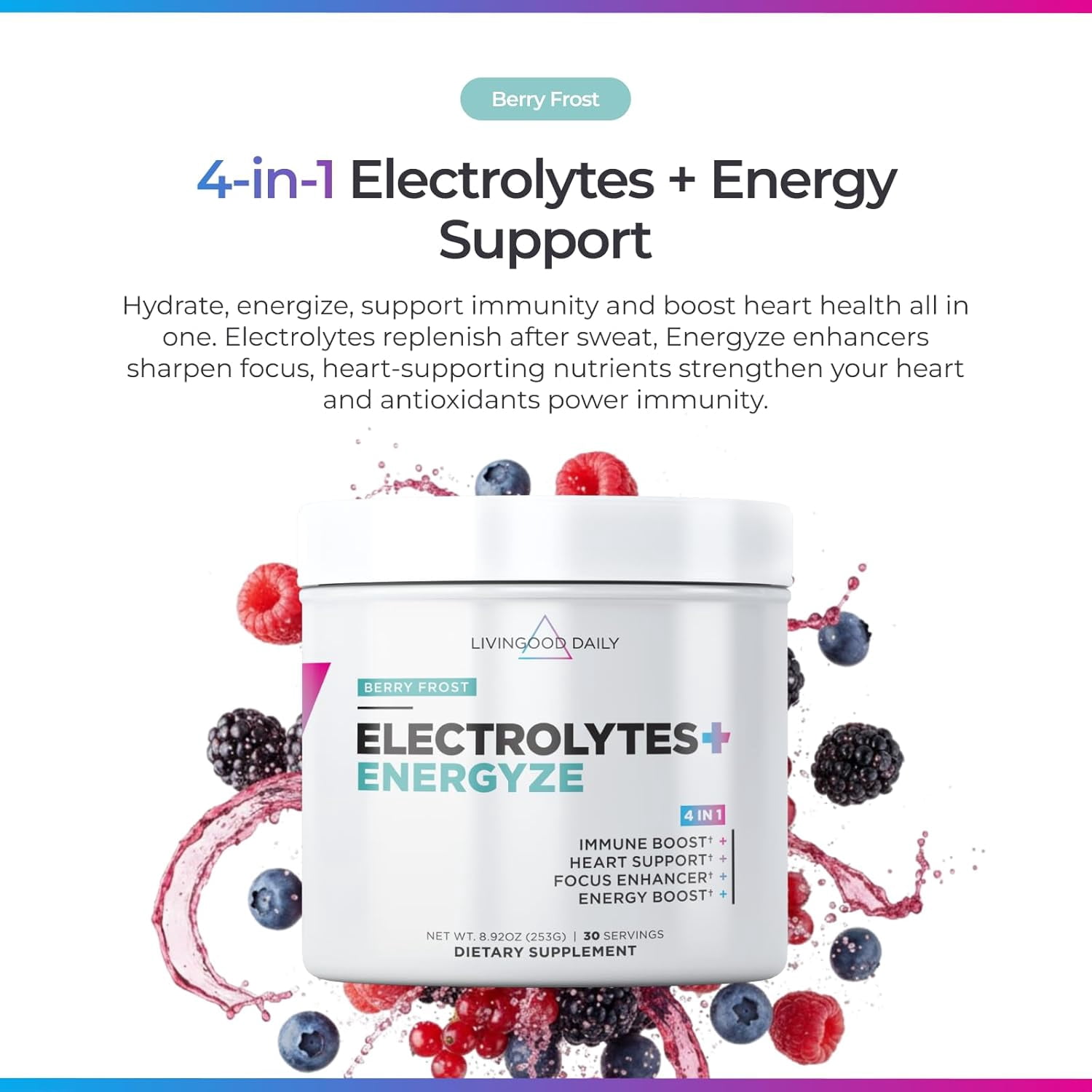 Livingood Daily Electrolytes Powder Berry Frost, 30 Servings - 4in1 Hydration Powder Sugar Free Electrolyte Drink Mix