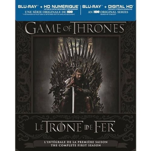 Game Of Thrones: The Complete First Season (Blu-ray + Digital HD) (Bilingual) box set. The cover features the iconic Iron Throne with a character seated on it, surrounded by intricate dark designs. Includes Blu-ray exclusives such as a complete guide to Westeros, anatomy of an episode, in-episode guide, hidden dragon eggs, and character profiles. Bilingual edition with English and French text.