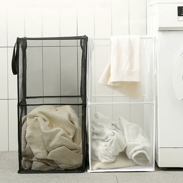 Cesta de la ropa sucia de malla con asas - Bolsa portátil plegable para ropa sucia, 33x33x66cm, blanca o negra