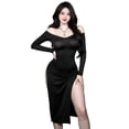 thumbnail image 3 of Women Sexy Long Sleeve High Slit V Neck Dress Wedding Party Club Dresses, 3 of 6