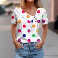 thumbnail image 2 of Dazajoo Colorful Polka Dot Tops for Women Casual Cute Short Sleeve Button Shirts 2024 Womens Slant Lapel V Neck Blouses Summer Loose Fit Tees Shirt,White,XXXL, 2 of 5
