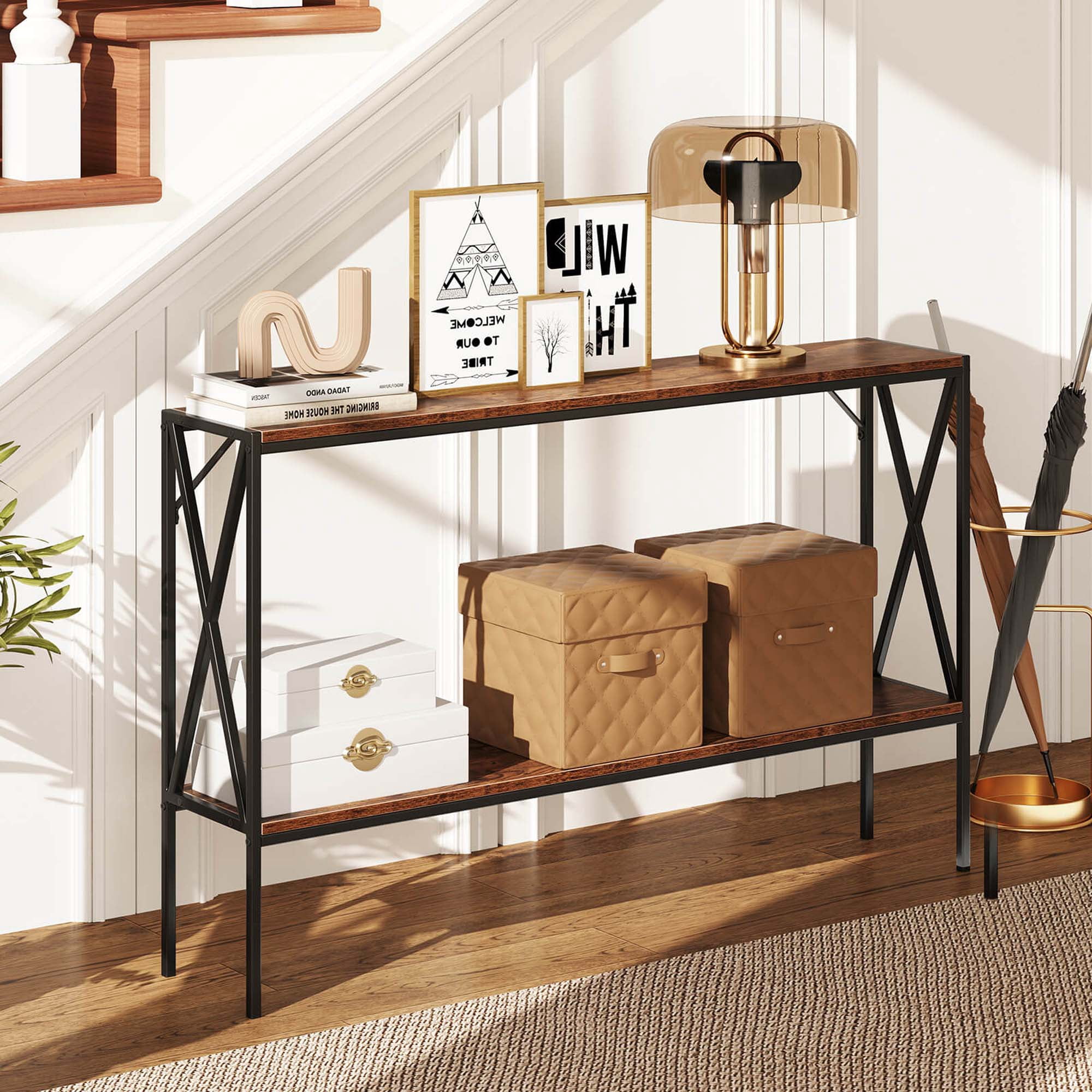 Costway Narrow Console Table 2-Tier Entryway Table with Storage 2 Support Bars Sofa Table Brown