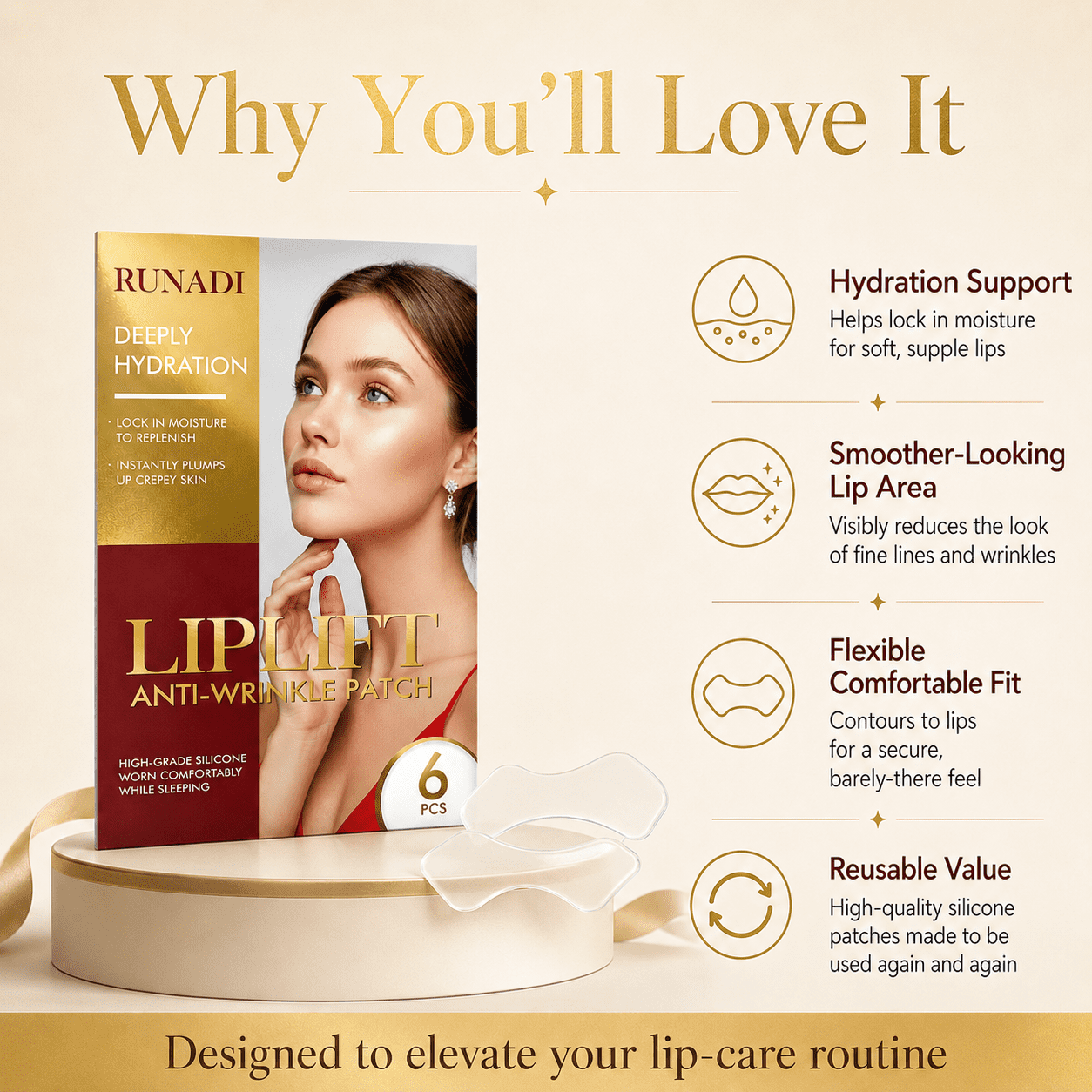 RUNADI Anti Wrinkle Patches for Lip and Smile Lines Care, Silicone Lip Wrinkle Patches for Smooth Crepey Skin Around Mouth, Reusable Wrinkle Patches for Face Overnight Support, 6 Pcs
