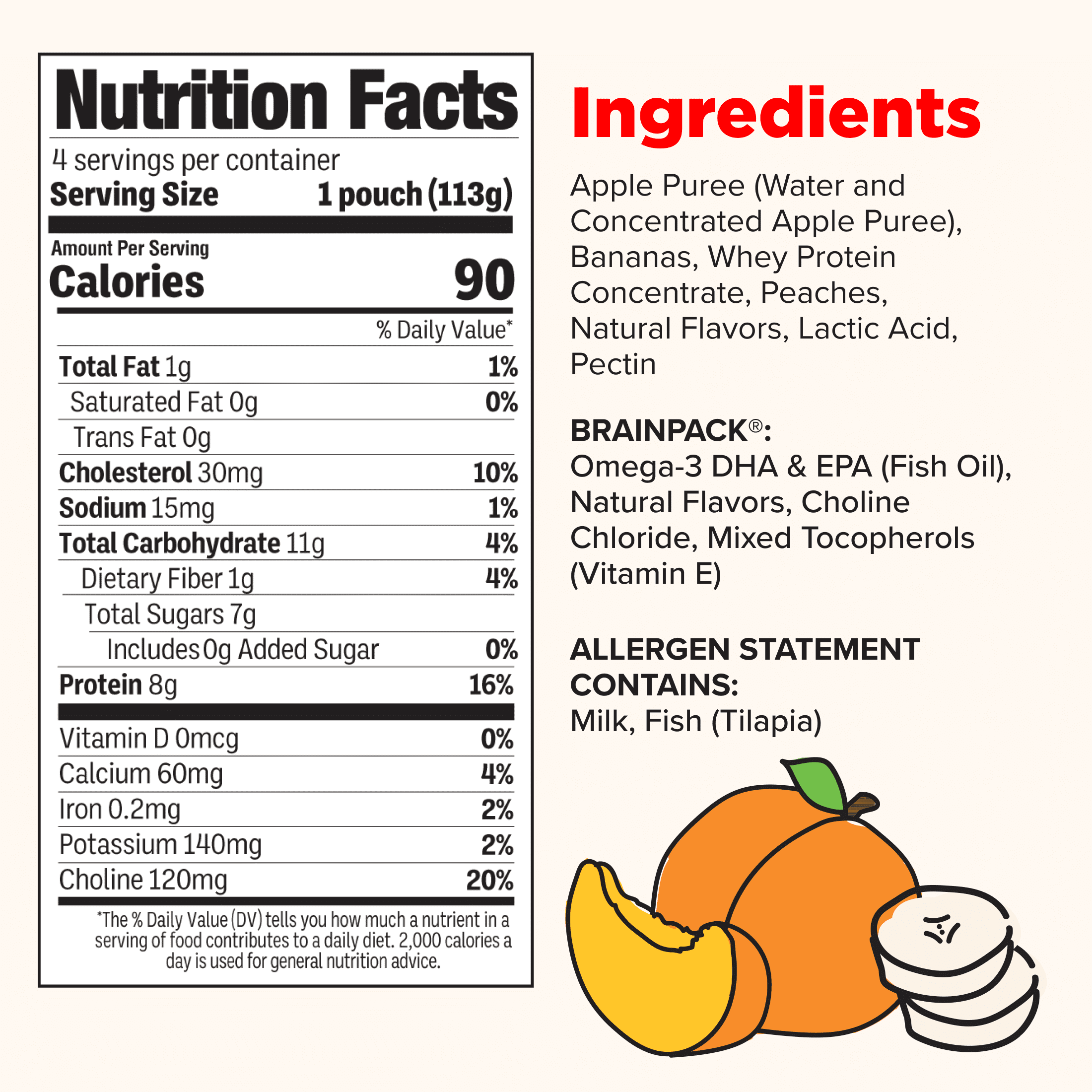 Brainiac Protein Smoothies with Omega-3s, Peach Banana, No Sugar Added, 4 oz, 4ct