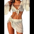 thumbnail image 2 of Conjunto de Bikini de 4 Piezas para Mujer - Traje de Baño Triangular con Cuello Halter Atrevido - Traje de Baño con Nudo Transparente Crema M, 2 of 9