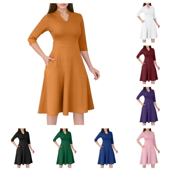 SAWOBUUN Casual Dresses for Women Semi Formal Fit and Flare 3/4 Sleeve A-line Church Work Dress with Pockets