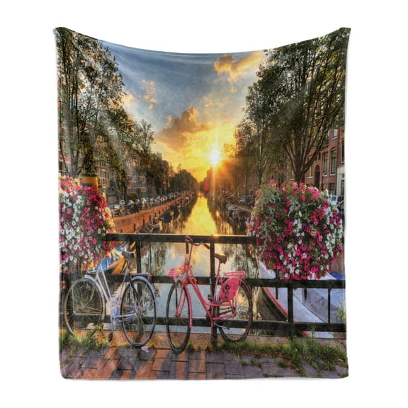 City Soft Flannel Fleece Throw Blanket, Holland Amsterdan Urban Photo with Sunset over Canal and Bicycles Floral Balls, Cozy Plush for Indoor and Outdoor Use, 50" x 60", Multicolor, by Ambesonne